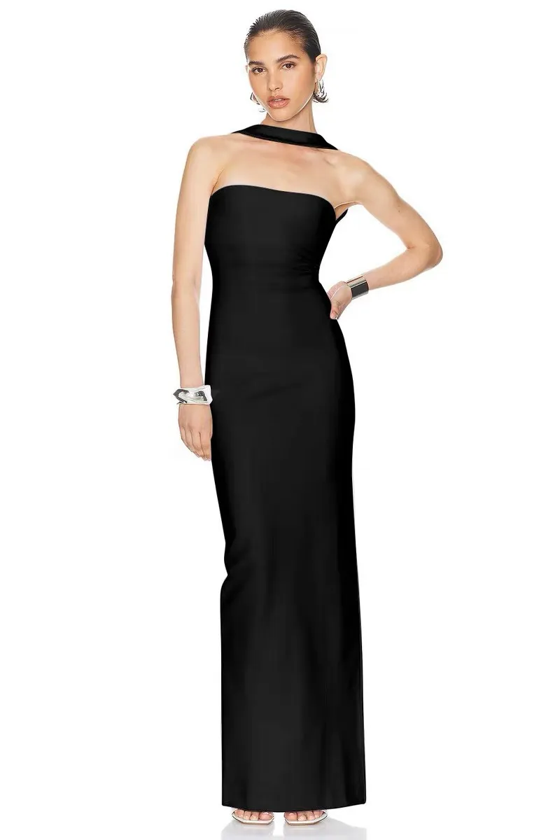 Simple Halter Sheath Skinny Fashion Party Holiday Dress - Black
