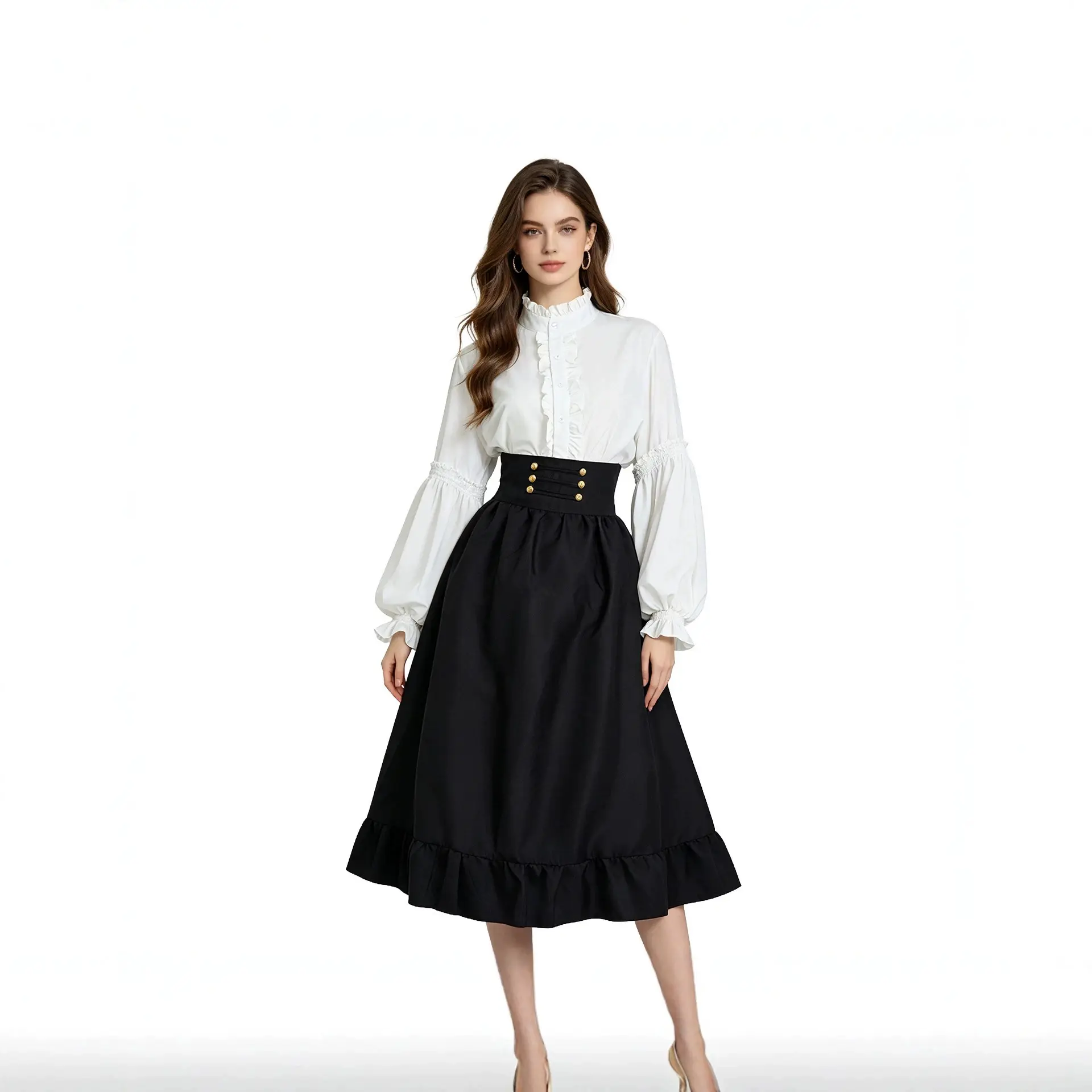 Lantern-sleeve Lace-trimmed Blouse With A High-waisted Midi