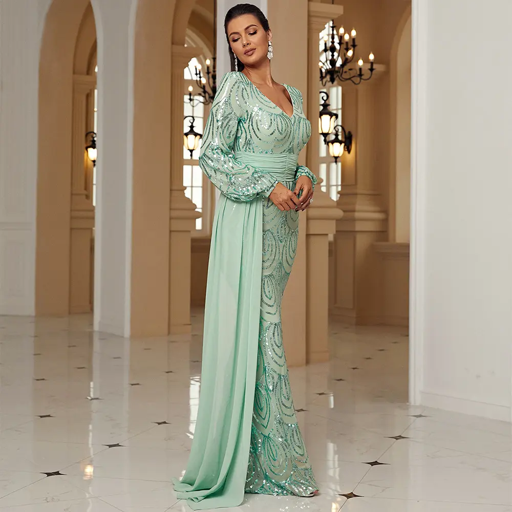 Long Sleeve Sexy Sequined V-neck Banquet Ribbon