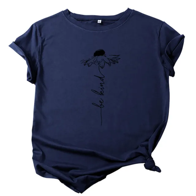 European And American Summer Women's Sunflower Printed Cotton Short sleeved T shirt Dark Blue Black Word - Shop at LoveMi