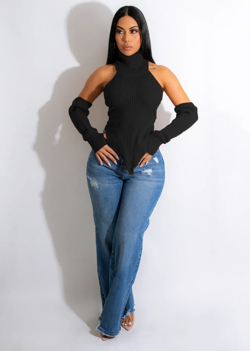 Autumn And Winter Knitting Hand Crochet Turtleneck Fake Sleeve Finger Hole Irregular Top - Black