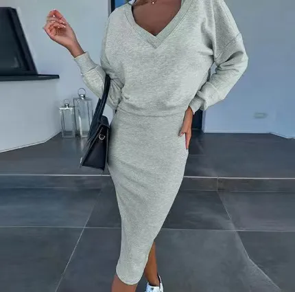 European And American Women's Clothing Vest Skirt V neck Sweatshirt Sweater Set Flower Gray - Shop at LoveMi