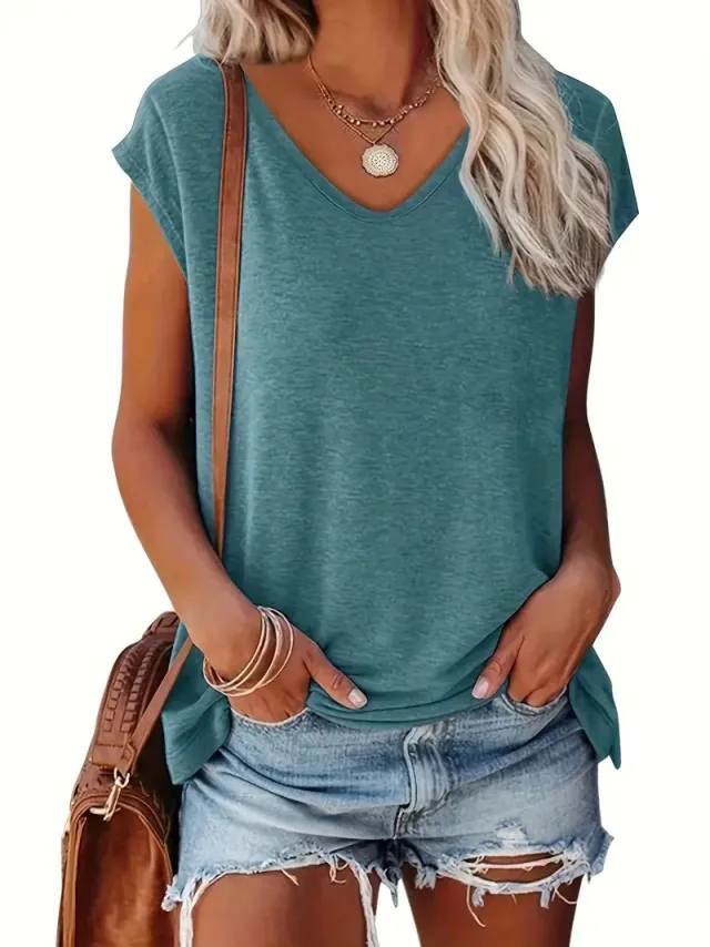 Women's Fashion Casual Solid Color And V neck Short Sleeve Green - Shop at LoveMi