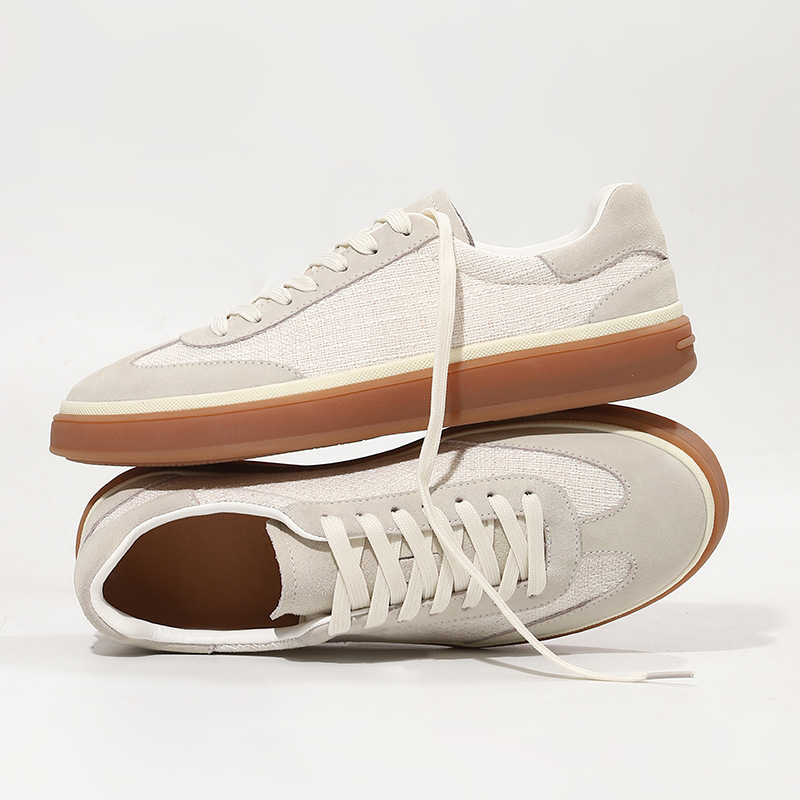 Low-top Casual Shoes With Cowhide And Linen Patchwork