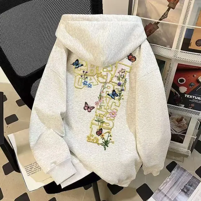 Korean style Designer Floral And Letter printed Hooded Sweatshirt With Silver Fox Velvet Finish Gray - Shop at LoveMi