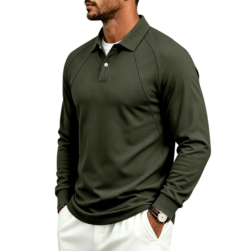Lapel-button Sport Solid-color Mens Long-sleeve Polo Shirt