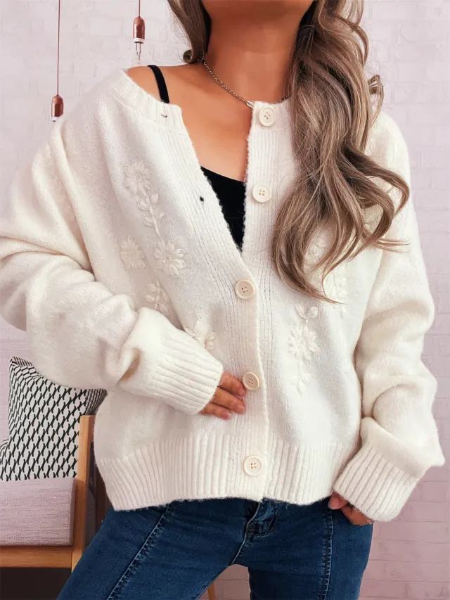 Simple Casual Flower Cardigan Round Neck Long Sleeve Sweater White - Shop at LoveMi