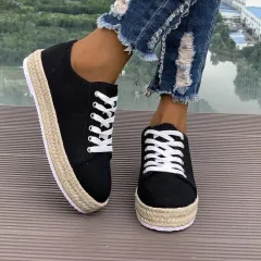Women's Flat Shoes Comfortable Platform Fashion Personality Woven Casual Pumps - Black - View 1