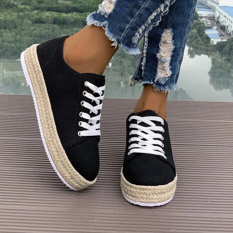 Women's Flat Shoes Comfortable Platform Fashion Personality Woven Casual Pumps - Black