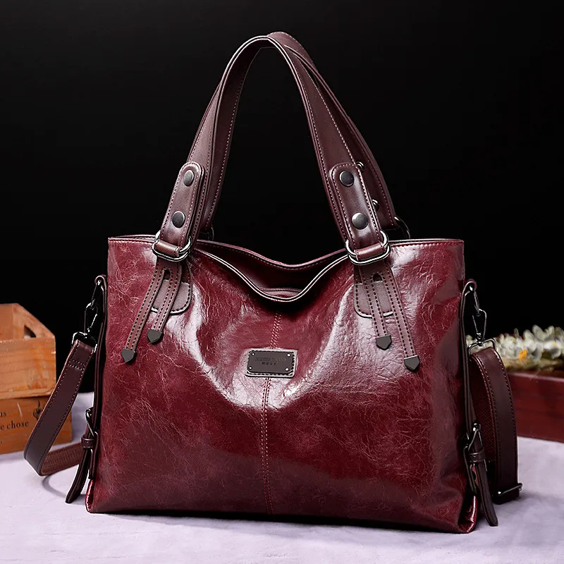 Retro Fashion Tote Casual Soft Leather Shoulder Crossbody Large Capacity Women's Bag - Red