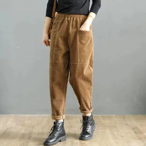 High waisted Plus size Casual Pants Loose Slim Harem Carrot Pants Camel - Shop at LoveMi
