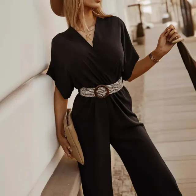 Waist tied Short sleeved Loose Cropped Wide legged Jumpsuit Black - Shop at LoveMi
