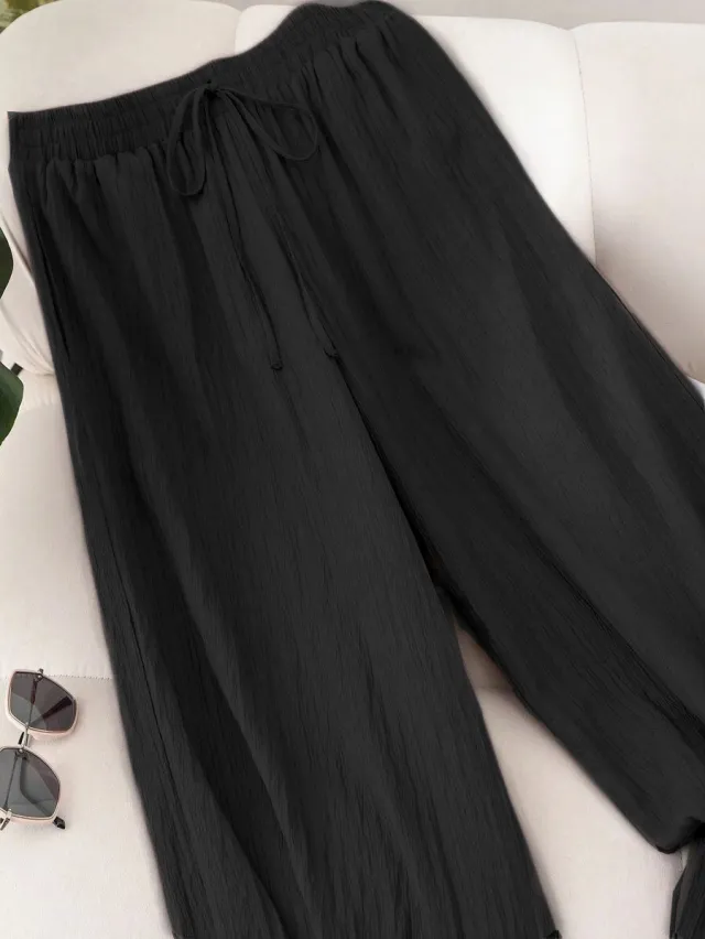 Elastic Waist Wide Leg Pants Cotton Loose Trousers Black - Shop at LoveMi