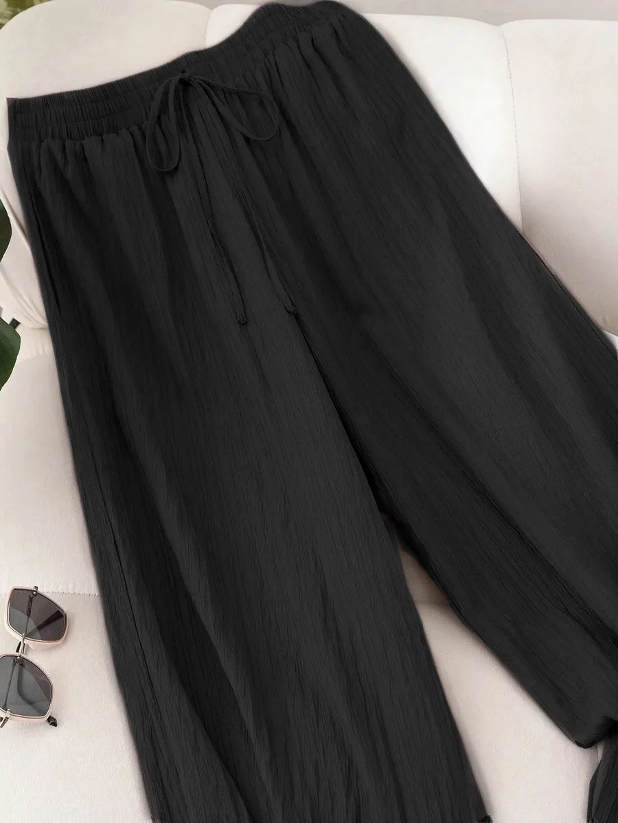 Elastic Waist Wide Leg Pants Cotton Loose Trousers - Black