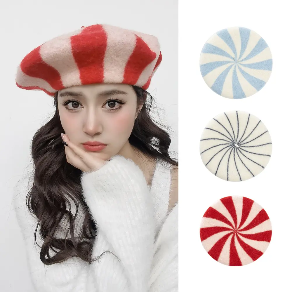 Fashionable Striped Candy-colored Wool Beret