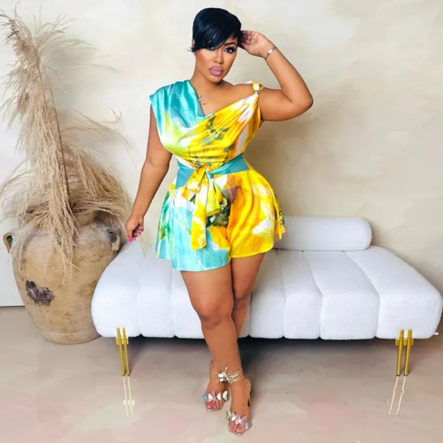 Backless Diagonal Collar Printed Casual Jumpsuit Yellow - Shop at LoveMi