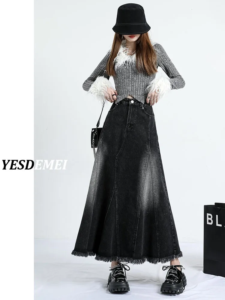 Black Denim Skirt Women's Irregular Mid-length A- Line Version Burrs Slimming - Black