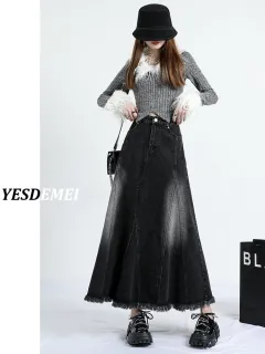 Black Denim Skirt Women's Irregular Mid-length A- Line Version Burrs Slimming - Black - View 1