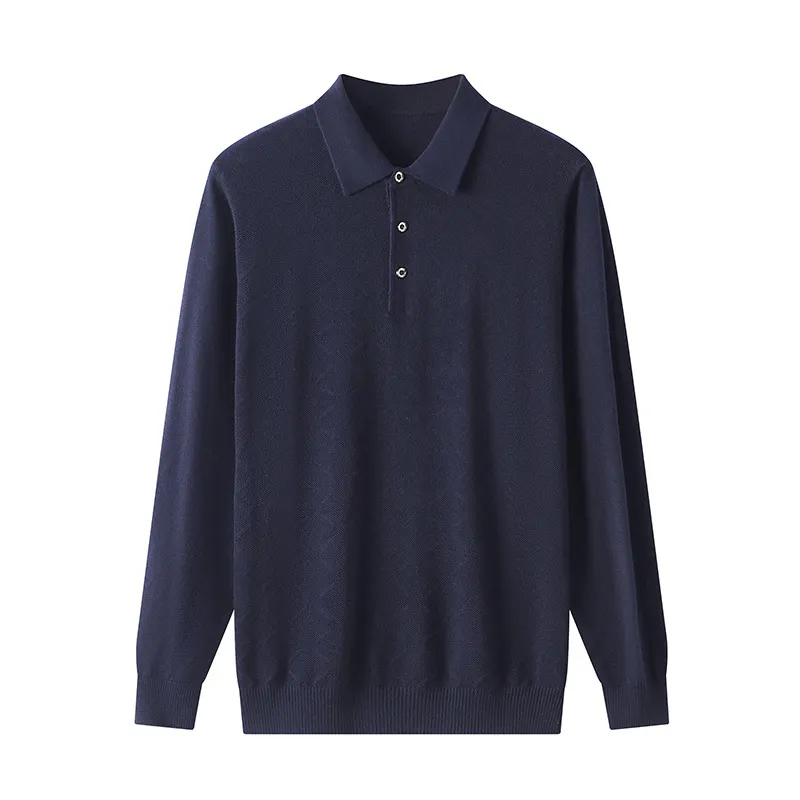 Spring New Worsted Sweater Men's Loose Solid Color Polo Collar Sweater - Dark Blue