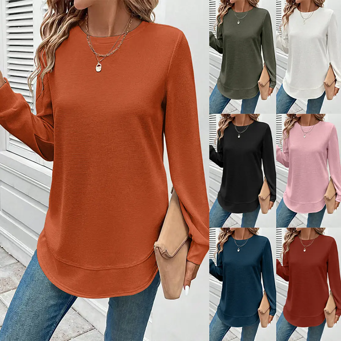 Relaxed Chic Womens Solid-color Crew-neck Long-sleeve Sweatshirt