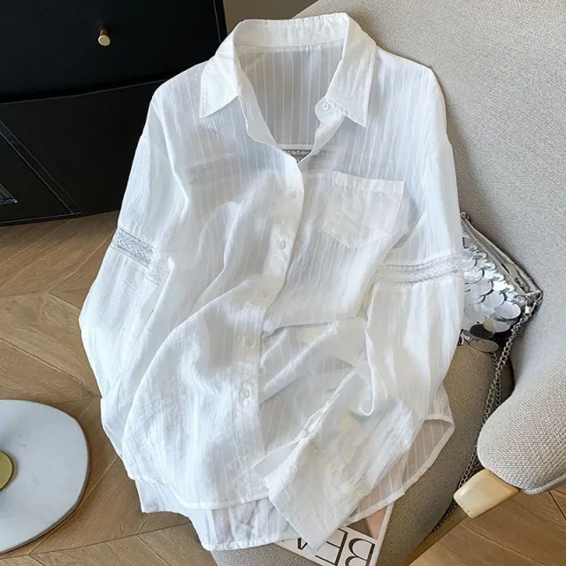 Hollow Lace Design Blue Striped Sun Protection Shirt For Women Summer White - Shop at LoveMi
