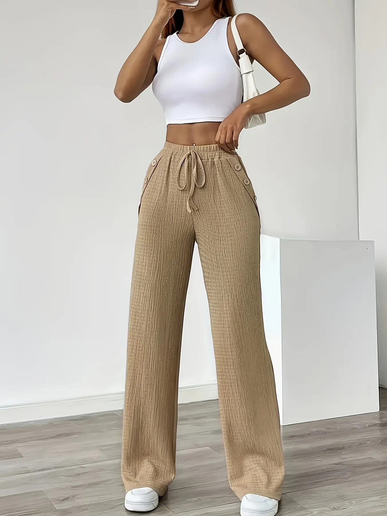 Womens Casual Fashionable Loose-fitting Elastic Wide-leg Pants