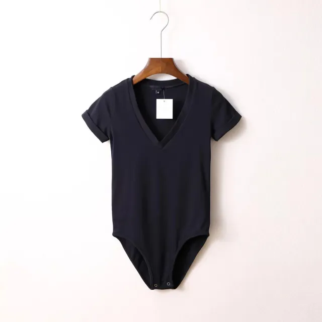 Women's Fashion Solid Color Stretch Slim V neck Short Sleeve Rompers Black - Shop at LoveMi