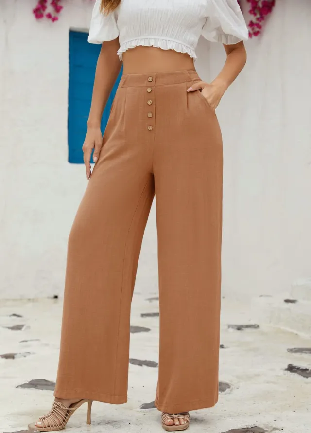 Women's Cotton And Linen Casual Straight Pants Chocolate - Shop at LoveMi
