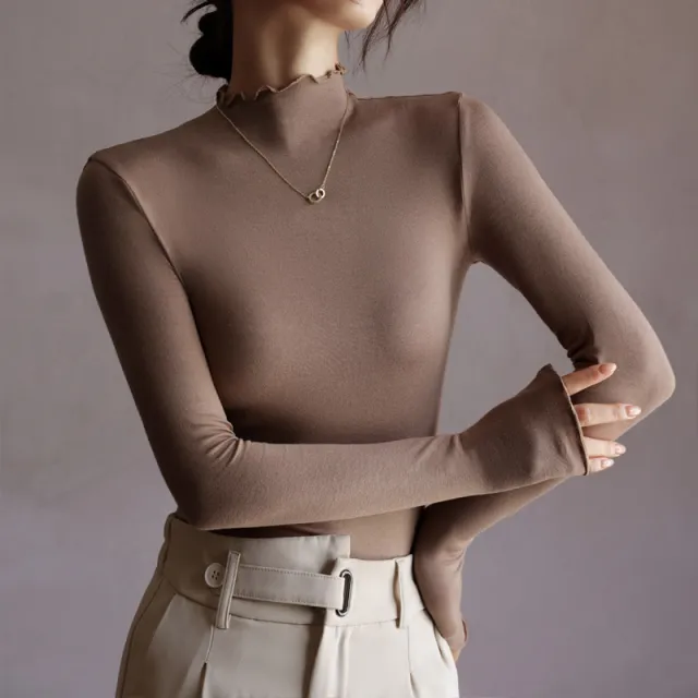 Women's Fashion Semi high Neck Ruffle Base Shirt Khaki - Shop at LoveMi