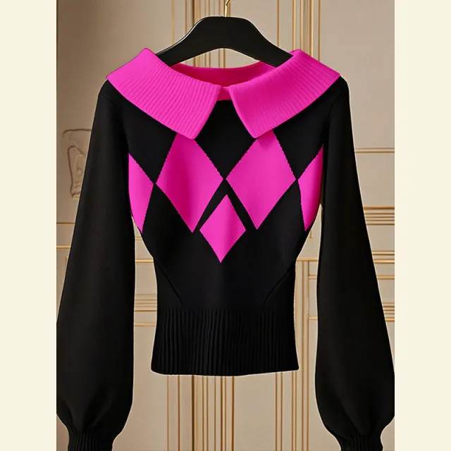 European Goods Western Style Unique Chic Niche Idle Style Black Diamond Plaid Sweater Rose - Shop at LoveMi