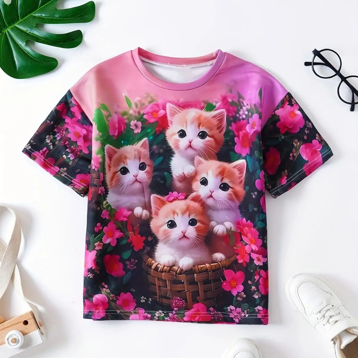 Girls 3D Printed Round Neck Short Sleeves
