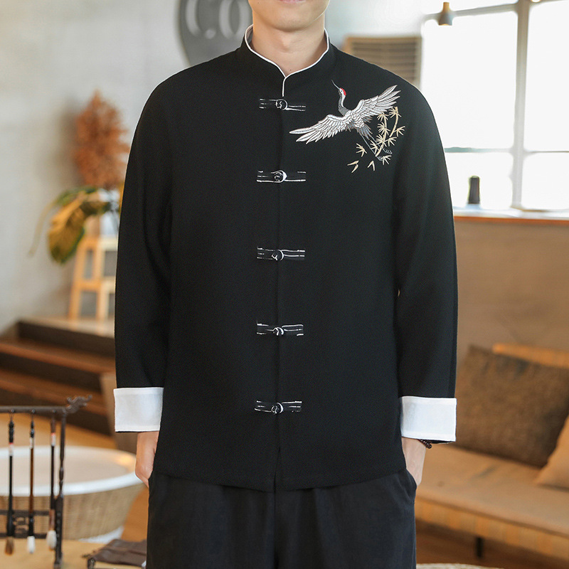 Men's Retro Contrast Color FIRMUS Figure Embroidered Long-sleeved Shirt