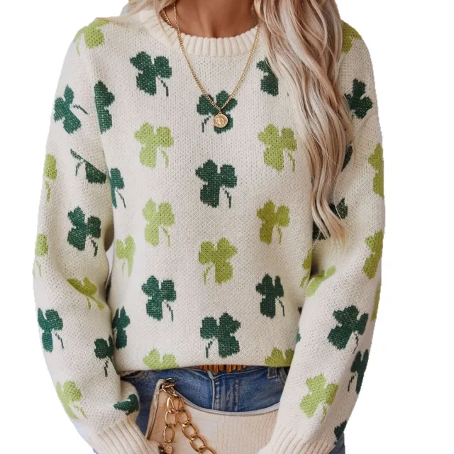 Drizzle Clover Jacquard Pullover Women's Sweater Beige - Shop at LoveMi