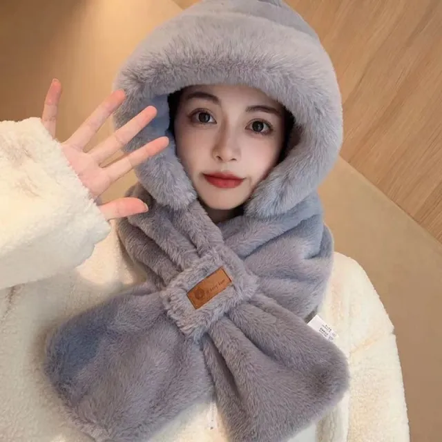 Cycling Cold Protection Ear Protection Fleece lined Warm Hat All match Scarf Leather Tag Plush Bonnet Gray - Shop at LoveMi