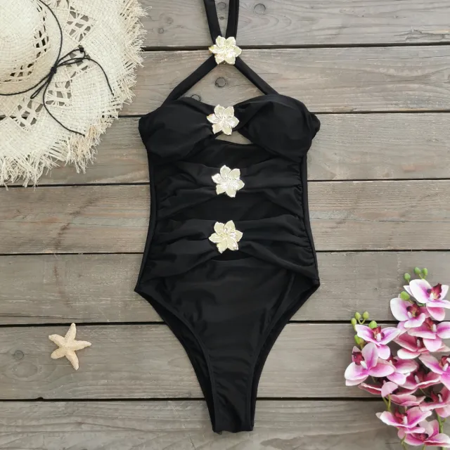 Solid Color One piece Swimsuit Female New Skirt Hollow out Tube Top Swimwear Black - Shop at LoveMi