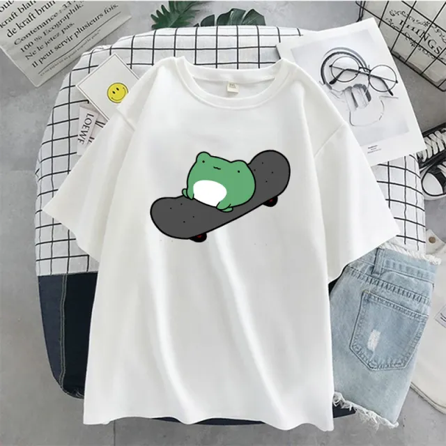 Frog Simple Cute Women's Clothing Round Neck T shirt Women's Summer Short Sleeve Loose Slimming Top White - Shop at LoveMi