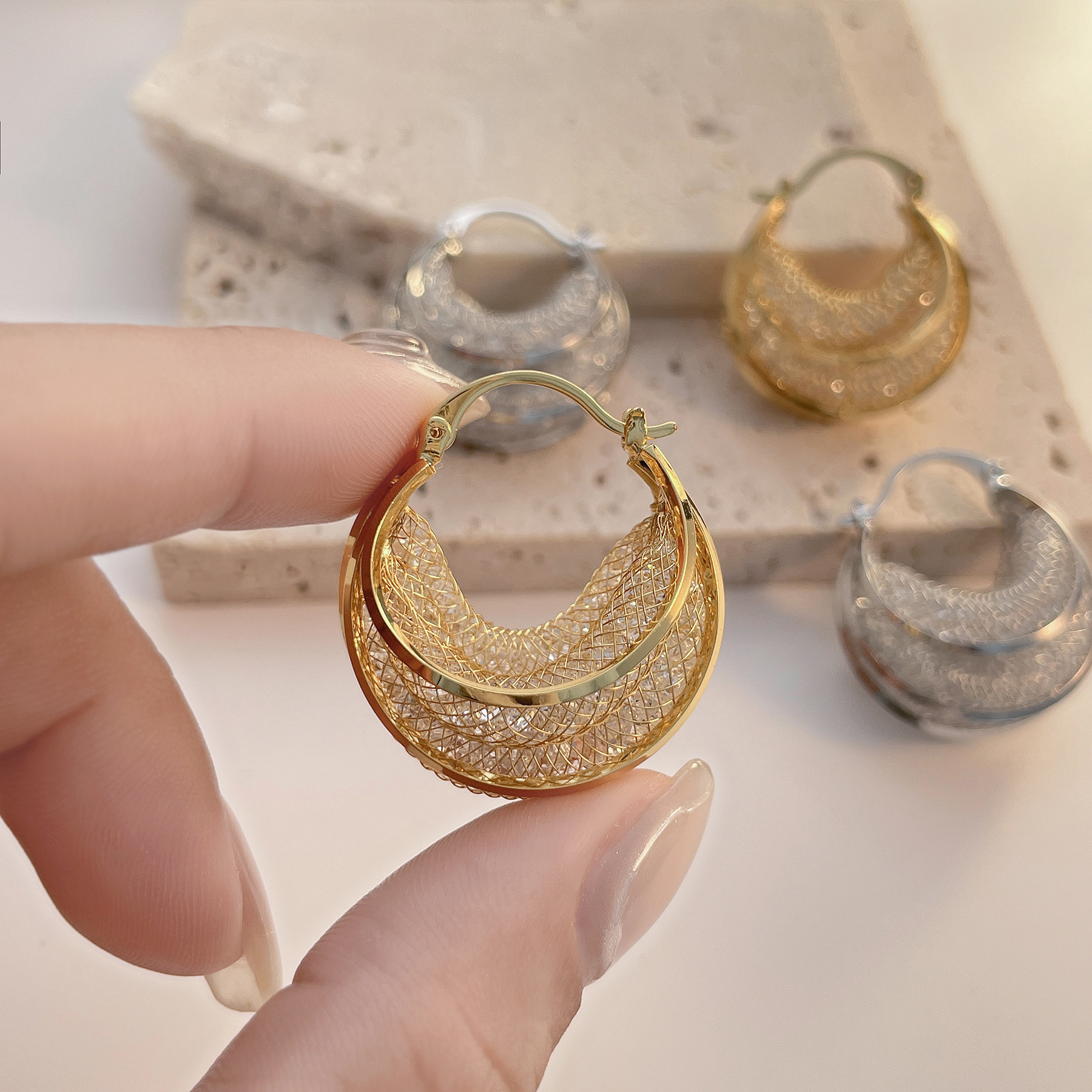 Net Pocket Zircon Mesh U-shaped Earrings Geometry