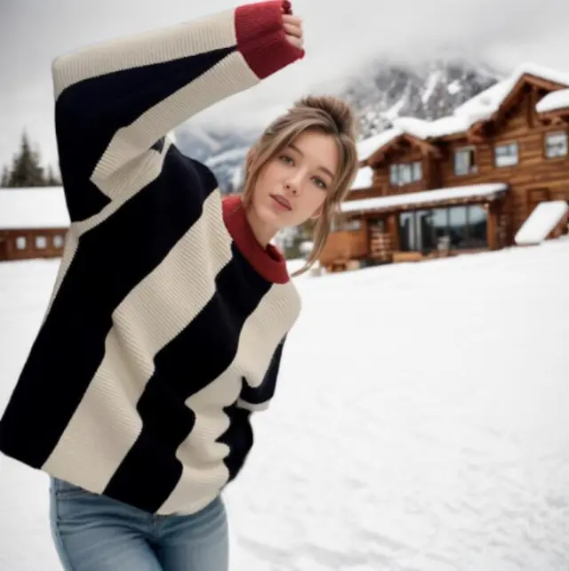 Women's Contrast Color Knitted Wool Tops Round Neck Striped Sweater - Shop at LoveMi