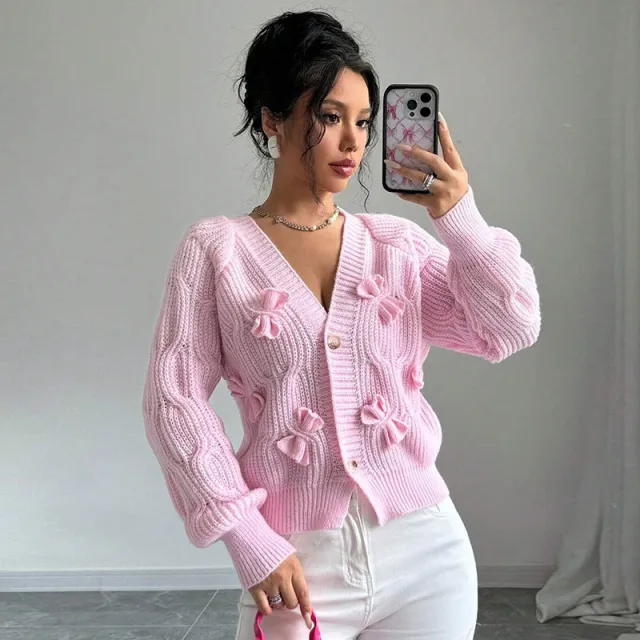 Women's Solid Color Long Sleeve Bowknot Knitwear Cardigan Coat Pink - Shop at LoveMi