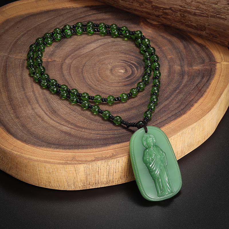 Jade-Imitation Protective Buddha And Bodhisattva Pendant Vintage-Style Necklace