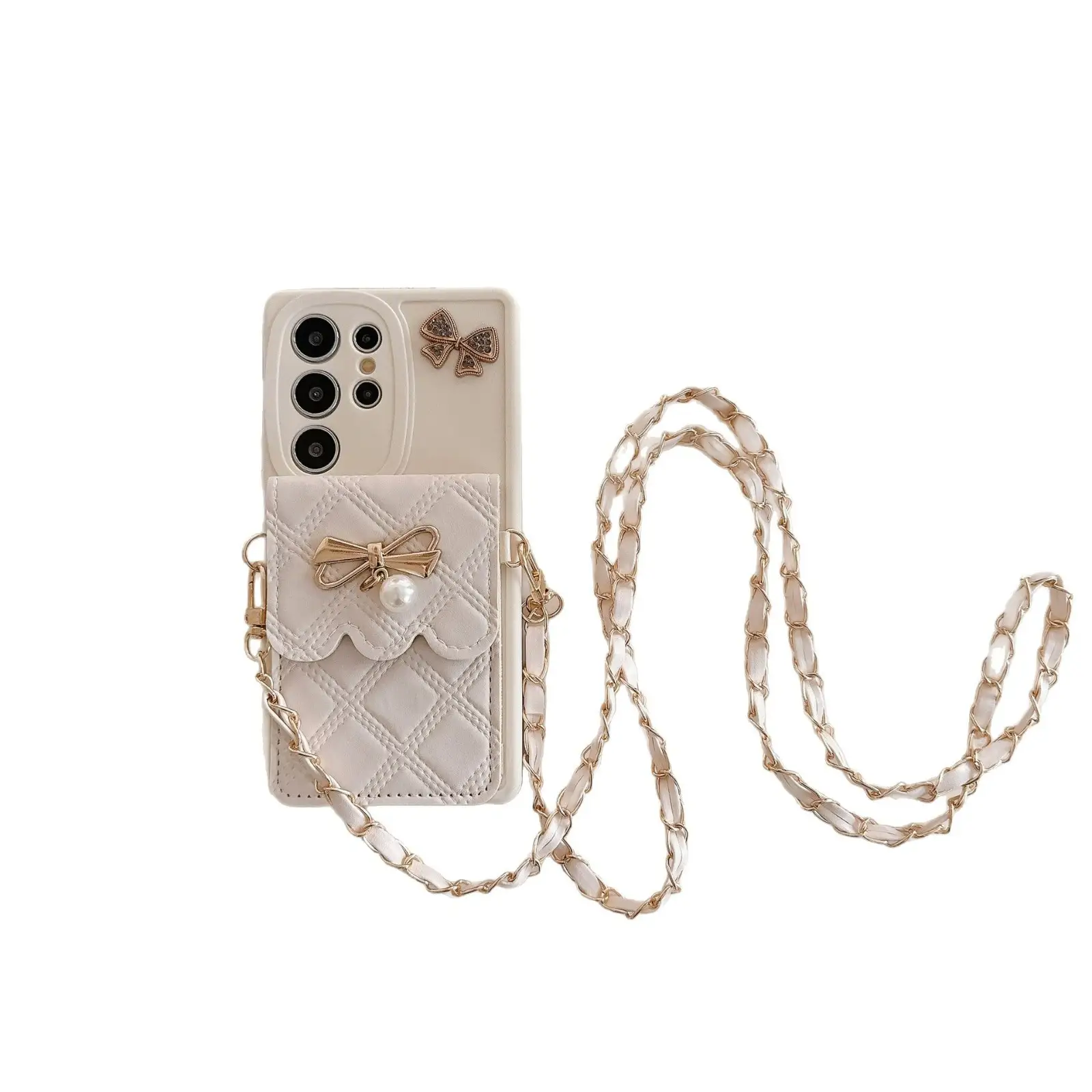 Applicable To S25Ultra Phone Case Pearl Butterfly Rhombus Card Holder Phone Case
