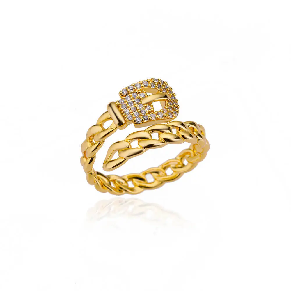 Niche Design Micro-set Zirconia Belt Buckle Open Ring - Gold
