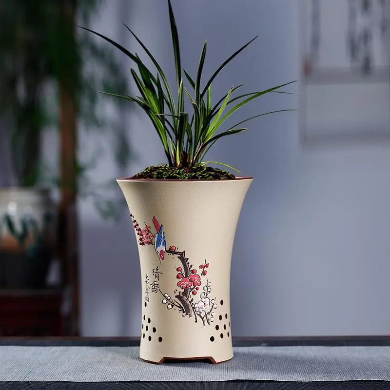 Yixing Purple Sand Flowerpot Hand-carved Round