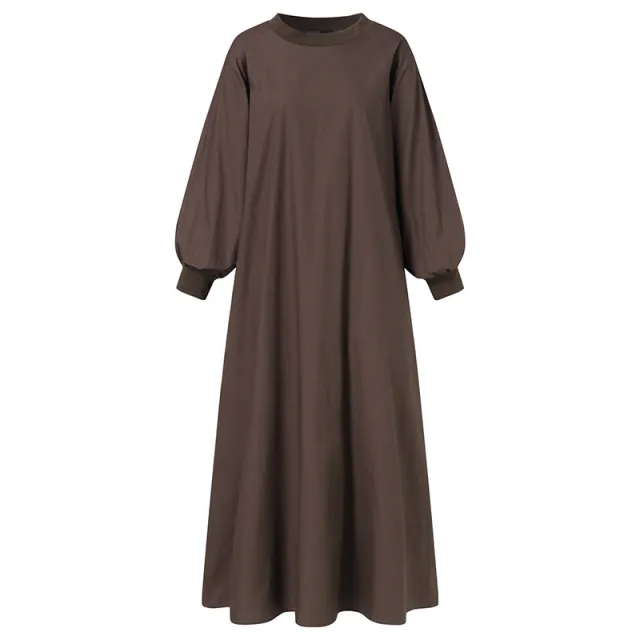 Casual Loose Oversized Round Neck Ribbed Long Sleeve Maxi Dress Brown - Shop at LoveMi