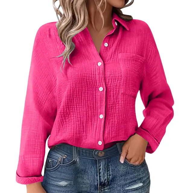 Solid Color Casual Loose Long Sleeve Linen Shirt Red - Shop at LoveMi