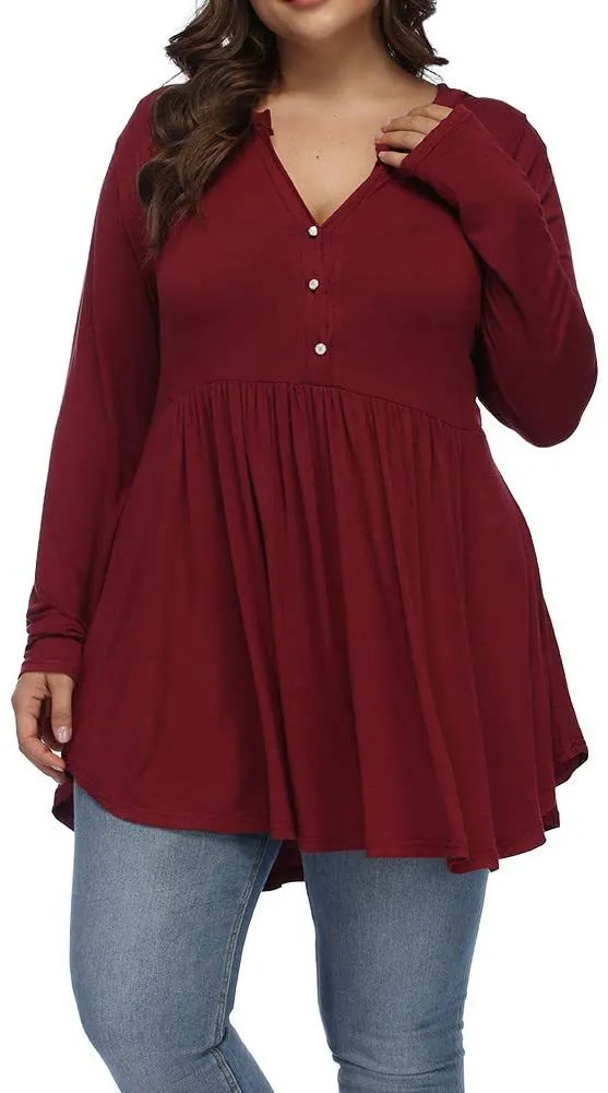 V neck Buttons Pleated Long Sleeve Plus Size T shirt Wine Red - Shop at LoveMi