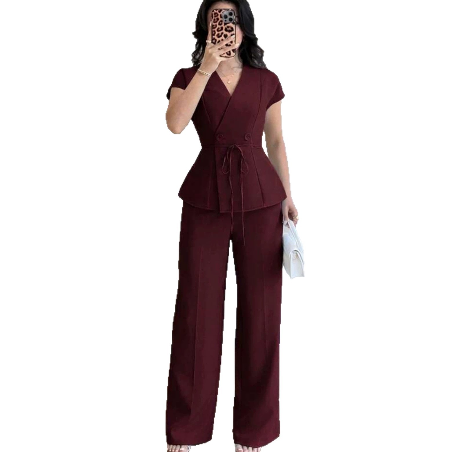 Womens Casual-Style Lace-Up Button Vest And Pants Set 4