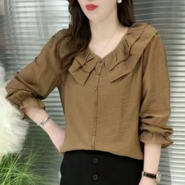 Round Neck Lace Solid Color Slimming Long sleeved Shirt Khaki - Shop at LoveMi