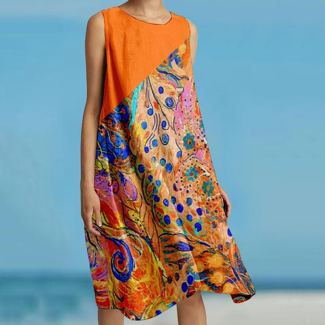 Printed Loose Vacation Casual Sleeveless Vest Skirt Orange Red Peacock Feather - Shop at LoveMi