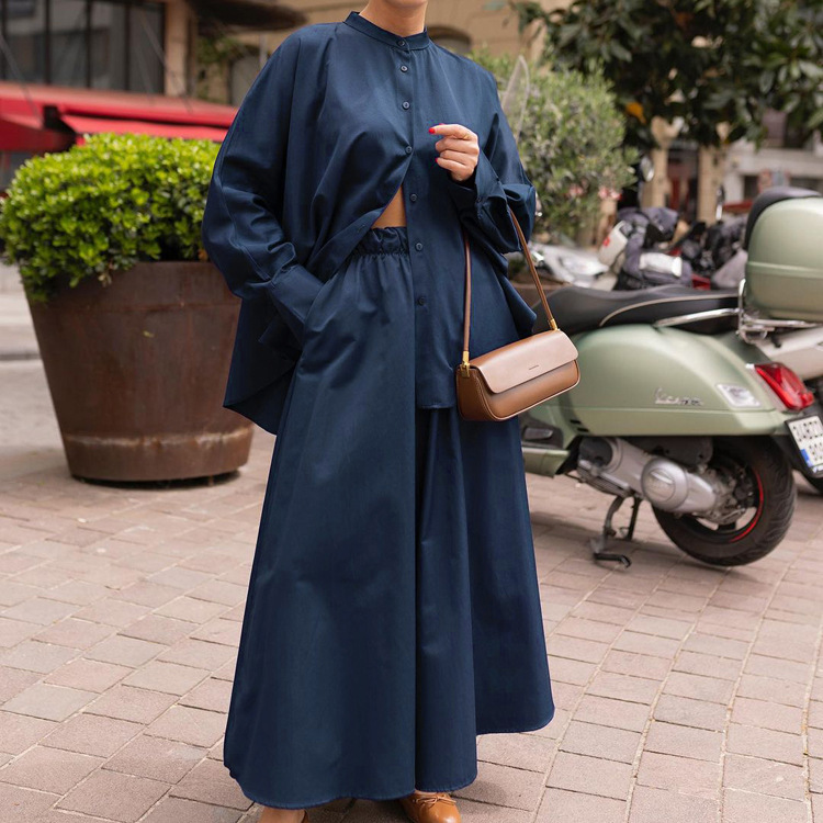 Casual Stand-up Collar Long-sleeved Shirt Wide Leg Pants Loose Two-piece Suit